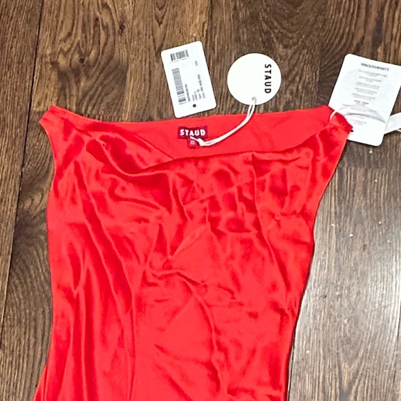 STAUD Ashanti Asymmetric Off Shoulder Red Rose Gown - Picture 5 of 14